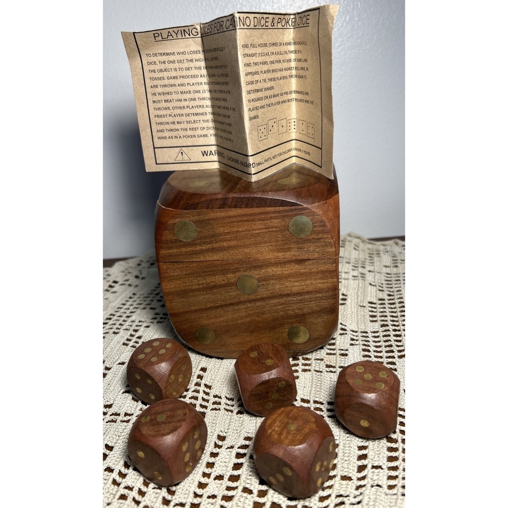 Vintage Wooden Brass Inlay Dice Trinket Box W/5 Dice & Game Instructions